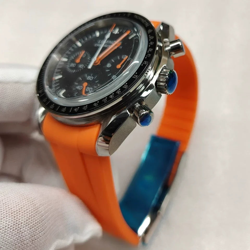 Speedmaster Style Quartz Chronograph Watch Mineral Glass Rubber Strap VK63