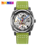 GESMART Men's Square Engraved Automatic Mechanical Watch Double Sided Skeleton Leather Band Water Resistant