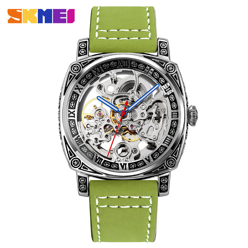 GESMART Men's Square Engraved Automatic Mechanical Watch Double Sided Skeleton Leather Band Water Resistant