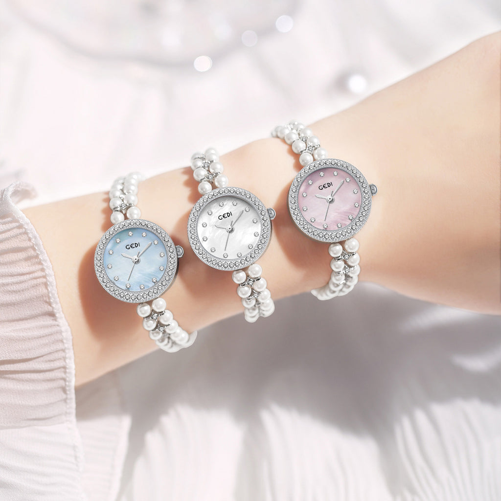 Women's Pearl-Bead Bracelet Round Rhinestone Quartz Watch