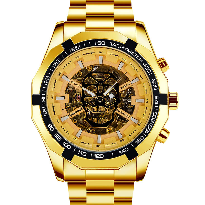GESMART Men's Gold Tone Skeleton Automatic Mechanical Watch Skull Design Business Trendy