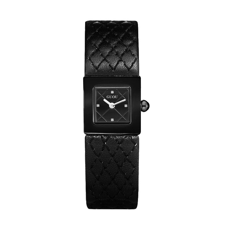 Women's Minimalist Small Square Leather-Strap Commuter Quartz Watch