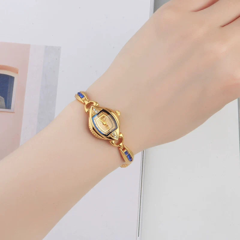 HAIDA Ladies Manual Wind Mechanical Watch Gold-Plated Blue Glass Crystal Fashion