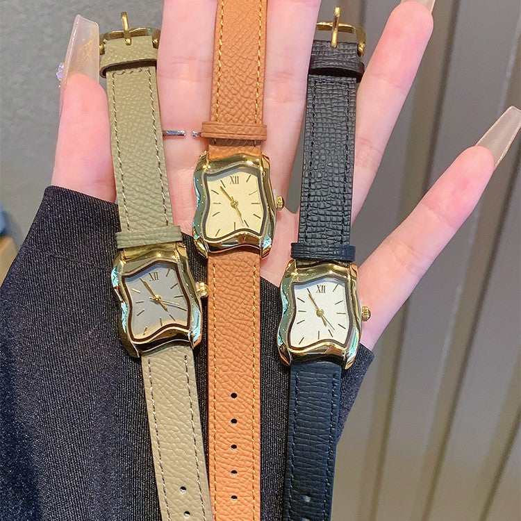 Women's Irregular Wavy Small Square Litchi-Leather French Vintage Watch