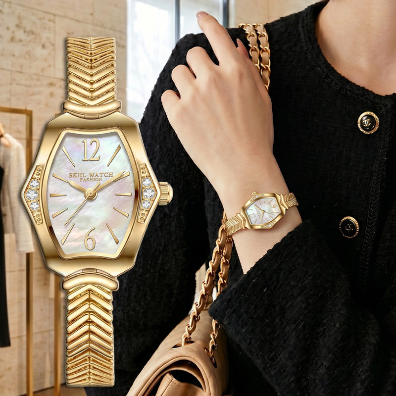 Women's Vintage Mother-of-Pearl Rhinestone Gold Quartz Watch