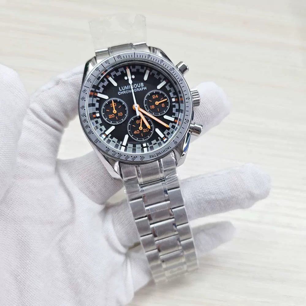 Men's 40mm Speedmaster Style Quartz Watch Steel Case VK63 Movement Mineral Glass