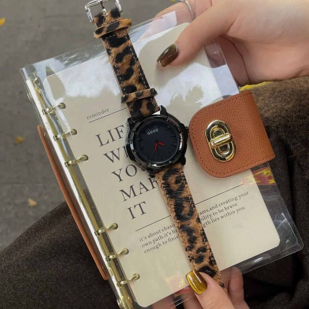 Women's Vintage Leopard-Print Plush Leather-Strap Watch