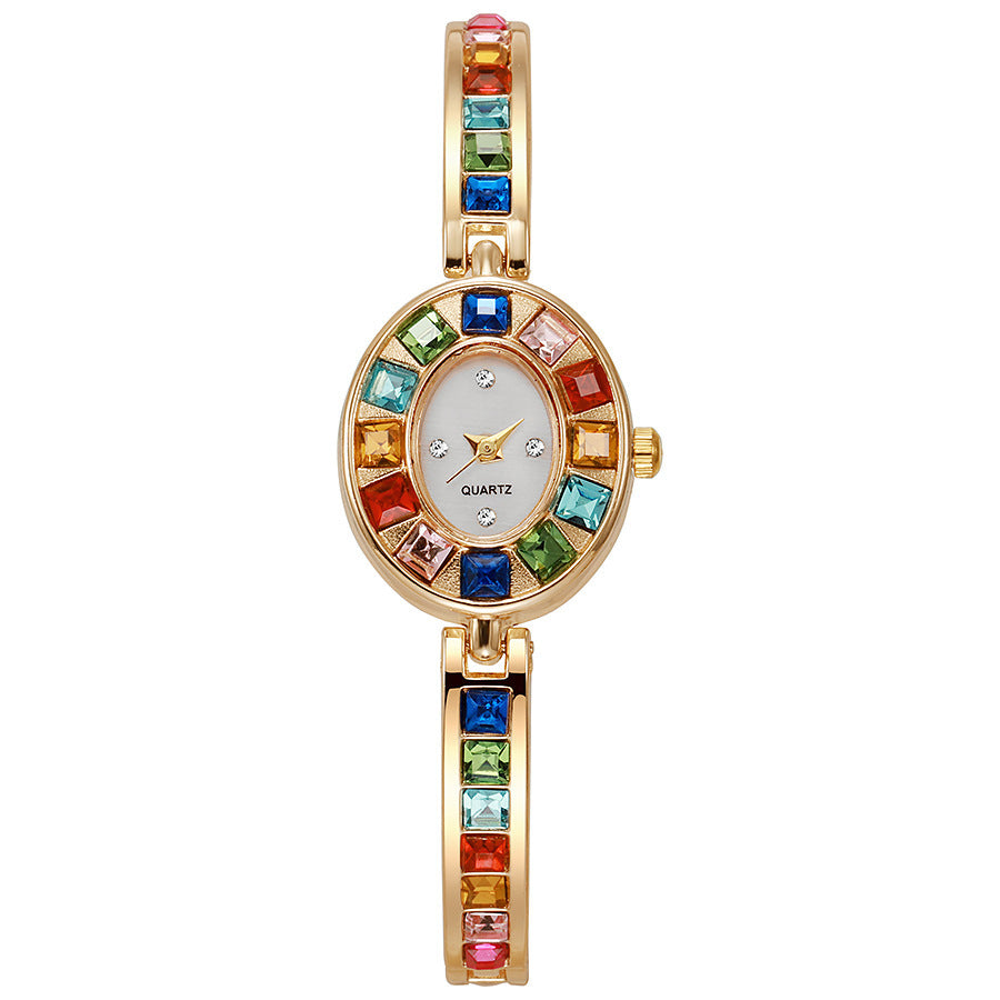 Women's Oval Rainbow CZ Bangle Bracelet Quartz Watch