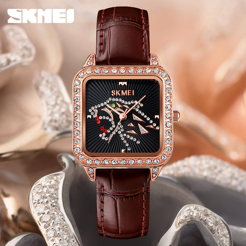 GESMART Women's Square Dial Quartz Watch Diamond Studded Leather Band Water Resistant Student Fashion
