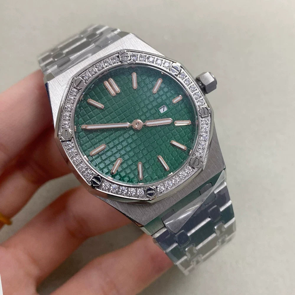 Ladies 31mm Octagonal Gem Bezel Steel Quartz Watch Green Lume Dial VJ24 Movement