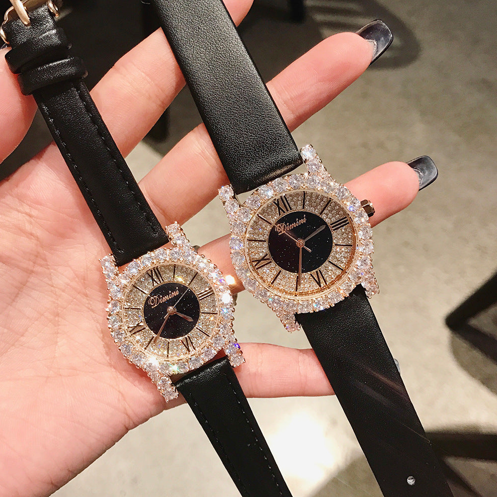 GESMART Women's Diamond Studded Roman Numeral Leather Band Quartz Watch Fashion Versatile Water Resistant
