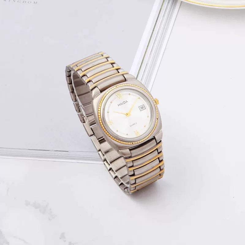 HAIDA Men's Quartz Watch Roman Numerals Yellow White Dial Steel Business NOS