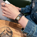 Women's Minimalist Small Square Leather-Strap Commuter Quartz Watch