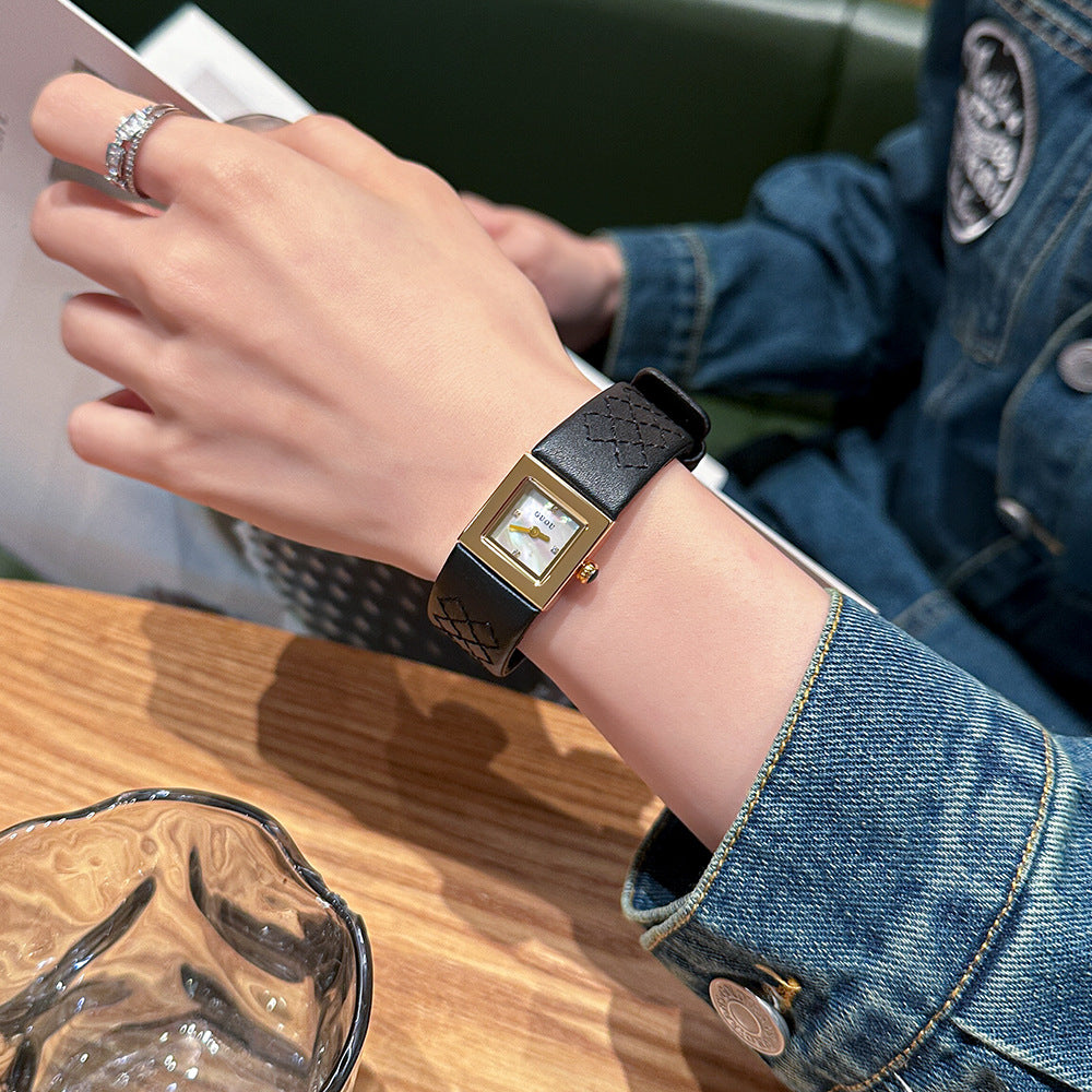 Women's Minimalist Small Square Leather-Strap Commuter Quartz Watch