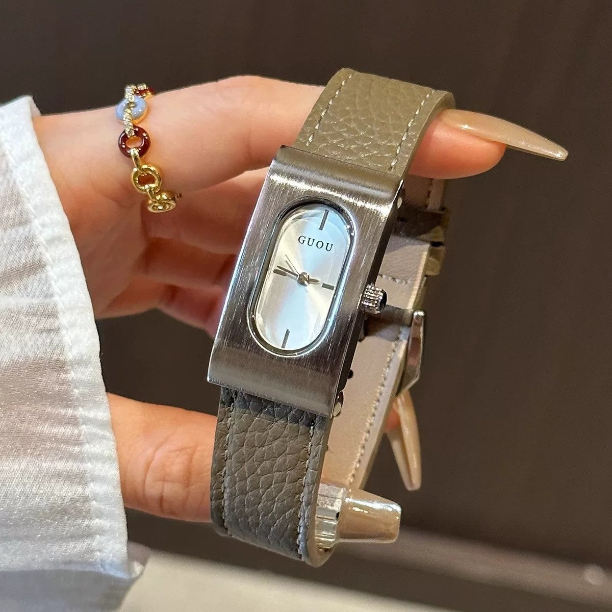 Women's Square Genuine-Leather Vintage Quartz Watch
