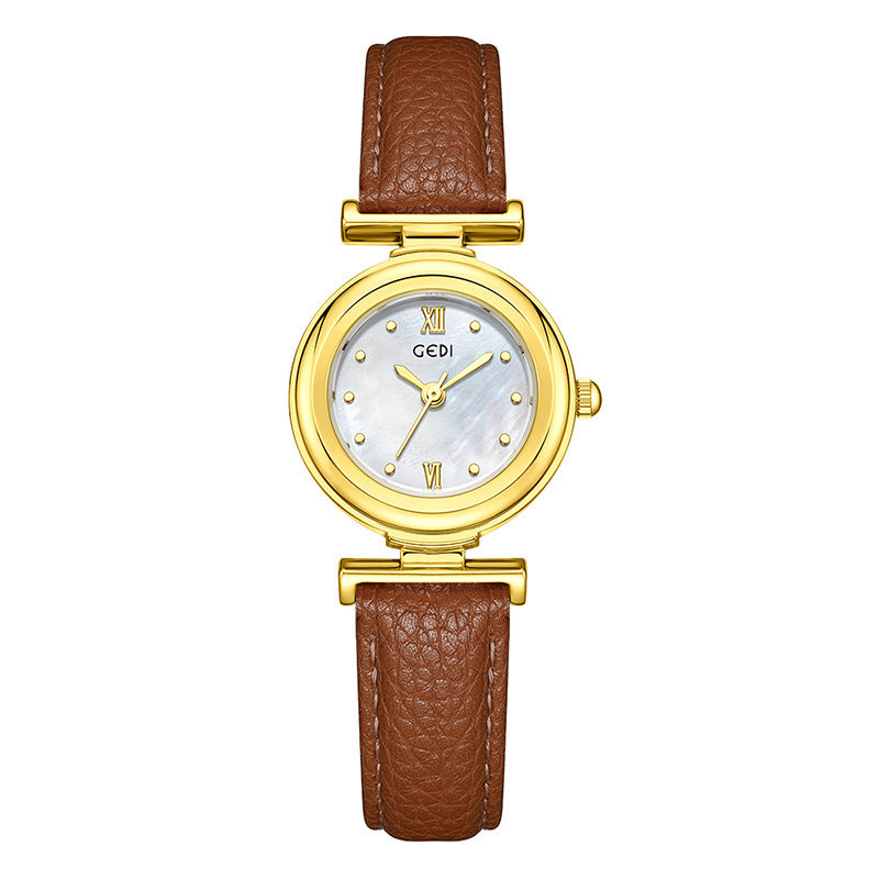 Women's Mother-of-Pearl Small Round Leather-Strap Quartz Watch