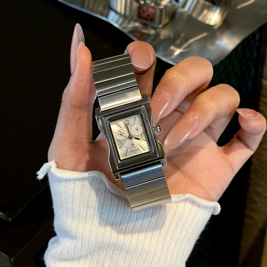 Women's Vintage Small Square Silver Bamboo Steel-Band Quartz Watch