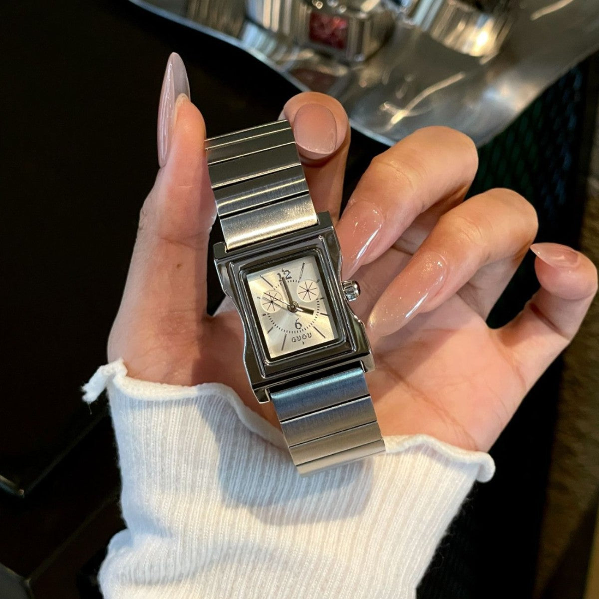 Women's Vintage Small Square Silver Bamboo Steel-Band Quartz Watch