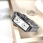 Women's Vintage Roman Numeral Small Square Dual-Time Mesh-Band Quartz Watch