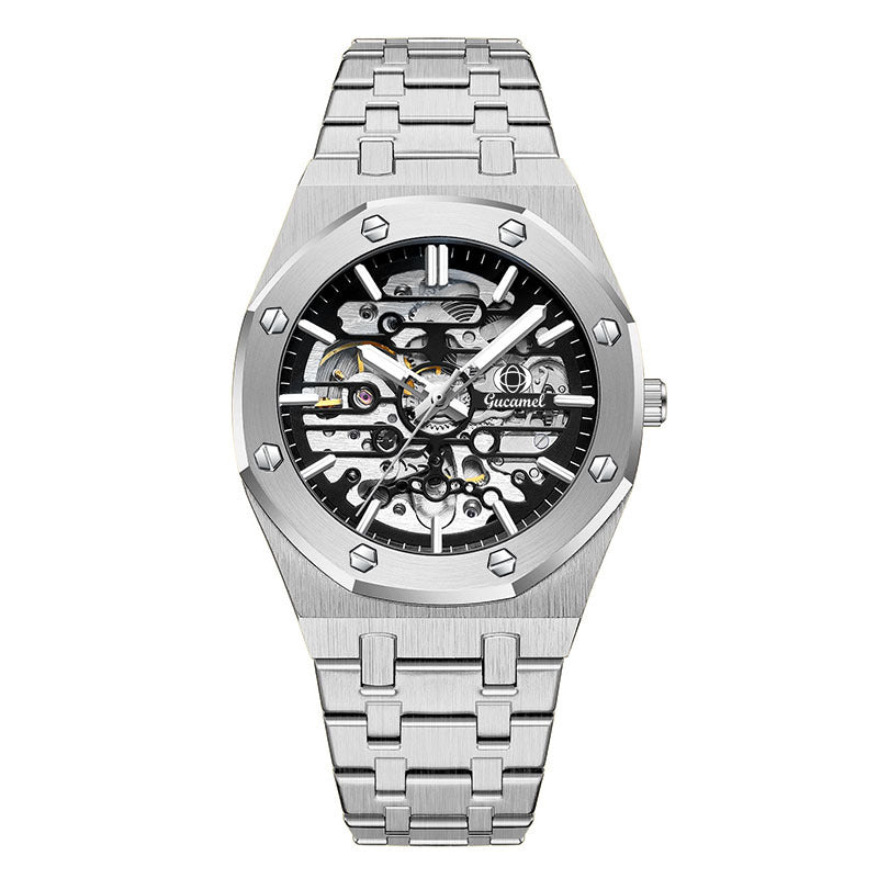 GESMART Men's Skeleton Automatic Mechanical Watch Steel Band Trendy Wristwatch
