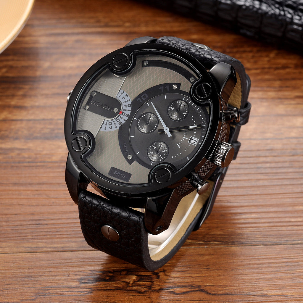 Men's Large-Dial Calendar Leather-Strap Quartz Watch