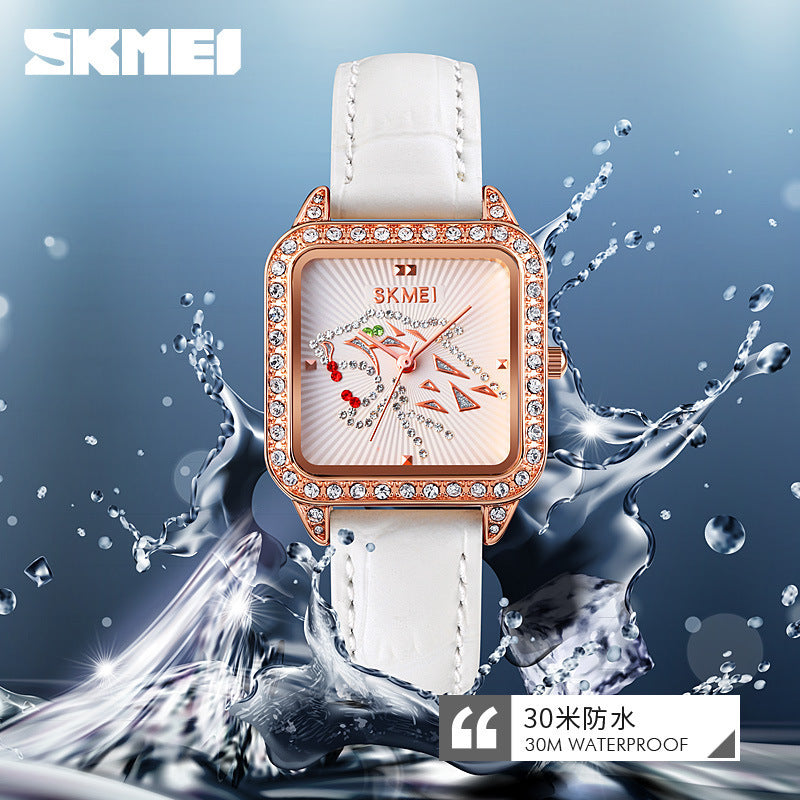 GESMART Women's Square Dial Quartz Watch Diamond Studded Leather Band Water Resistant Student Fashion