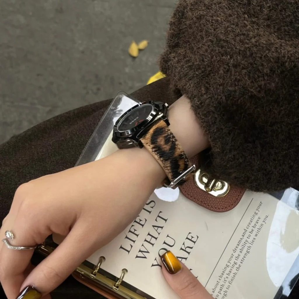 Women's Vintage Leopard-Print Plush Leather-Strap Watch