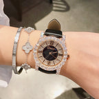 GESMART Women's Diamond Studded Roman Numeral Leather Band Quartz Watch Fashion Versatile Water Resistant