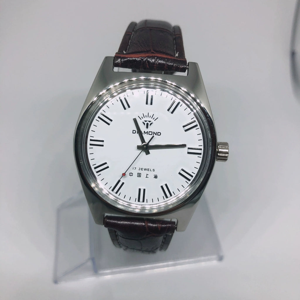 Diamond Brand Men's Manual Wind Watch 17 Jewels Skeleton Shanghai