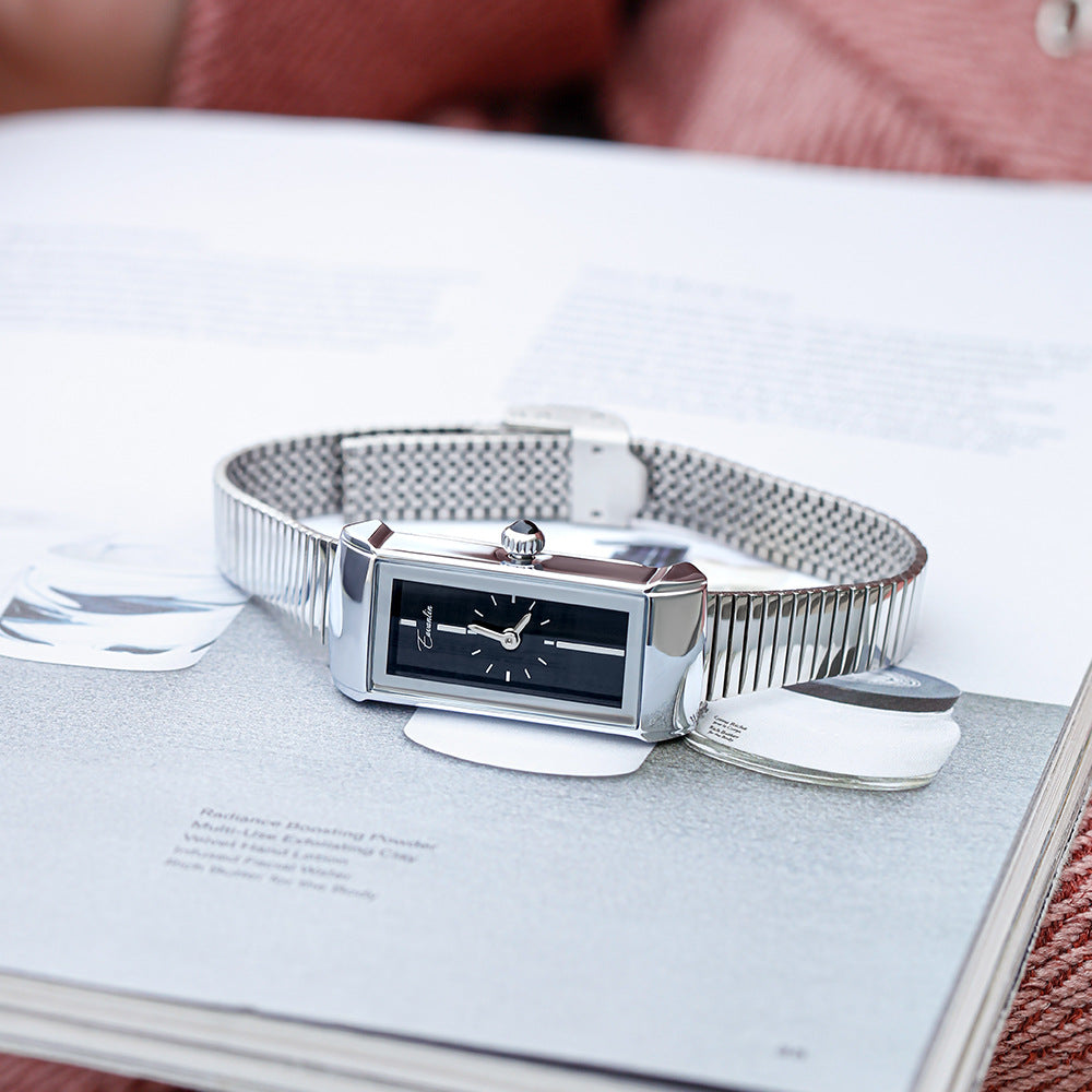 Women's Minimalist Bar-Marker Small Dial Quartz Watch with Steel Bracelet