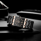 GESMART Men's Rectangular Stainless Steel Gold Tone Watch Calendar Quartz Water Resistant Large Dial Business