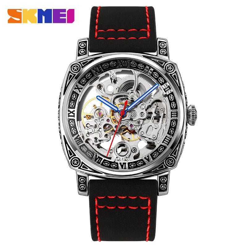 GESMART Men's Square Engraved Automatic Mechanical Watch Double Sided Skeleton Leather Band Water Resistant