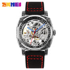GESMART Men's Square Engraved Automatic Mechanical Watch Double Sided Skeleton Leather Band Water Resistant