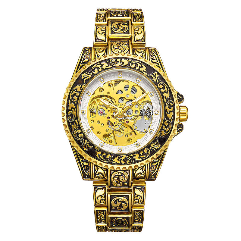 GESMART Men's New Skeleton Engraved Automatic Mechanical Watch European American Vintage Style