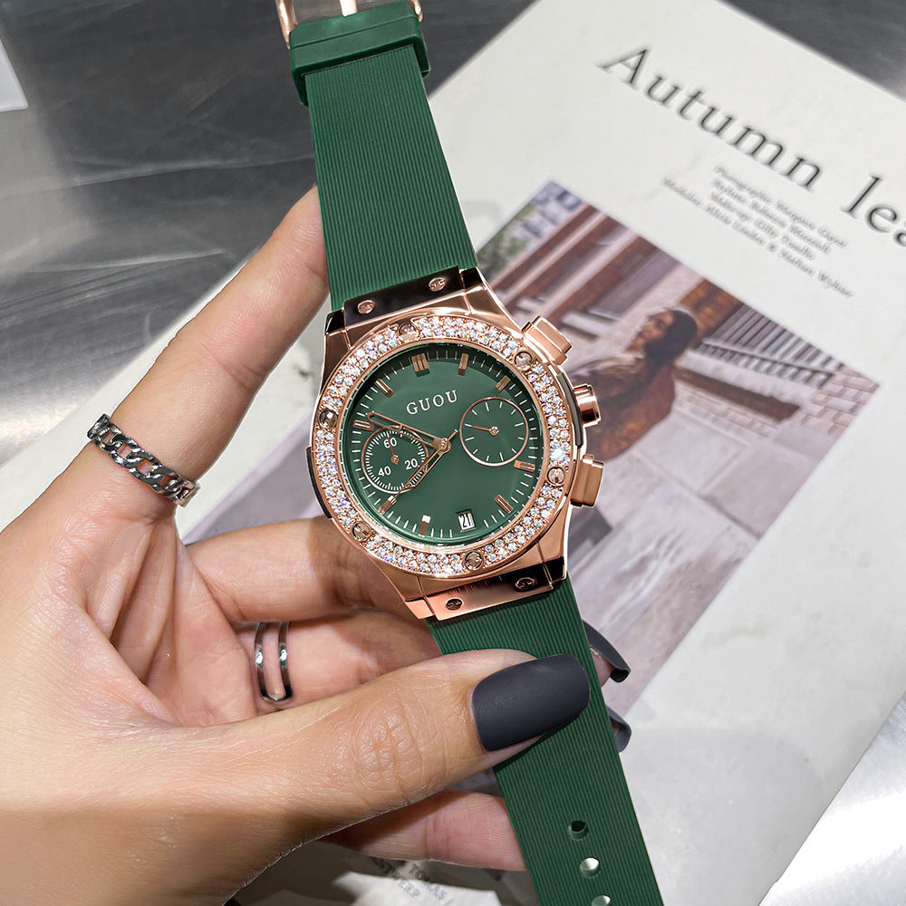 GESMART Women's Large Dial Silicone Band Watch Multifunction Rhinestone Calendar Fashion Trendy