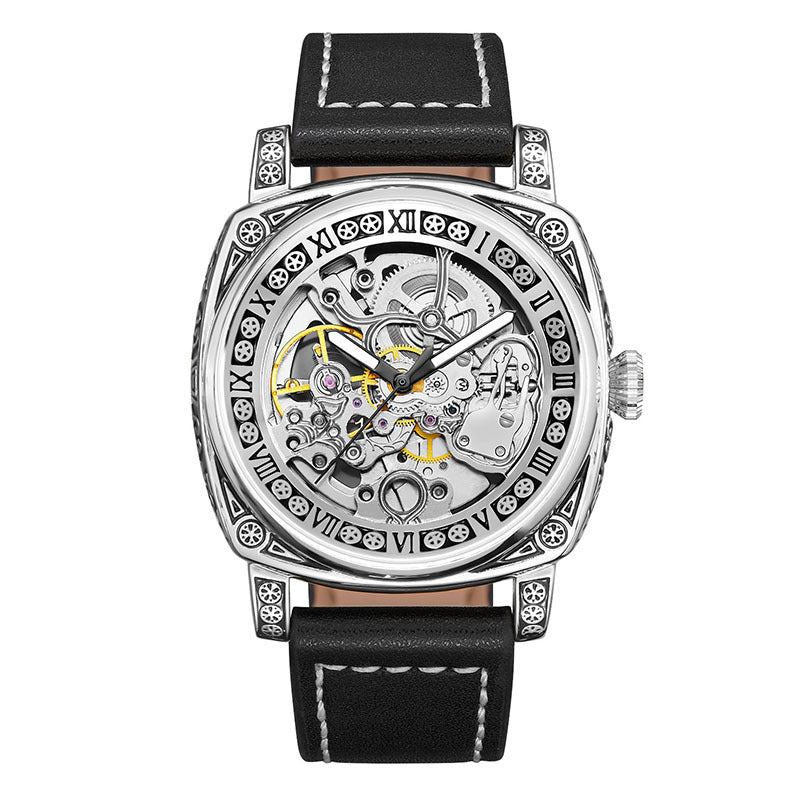 GESMART Men's Retro Engraved Skeleton Mechanical Watch Genuine Leather Water Resistant European Style