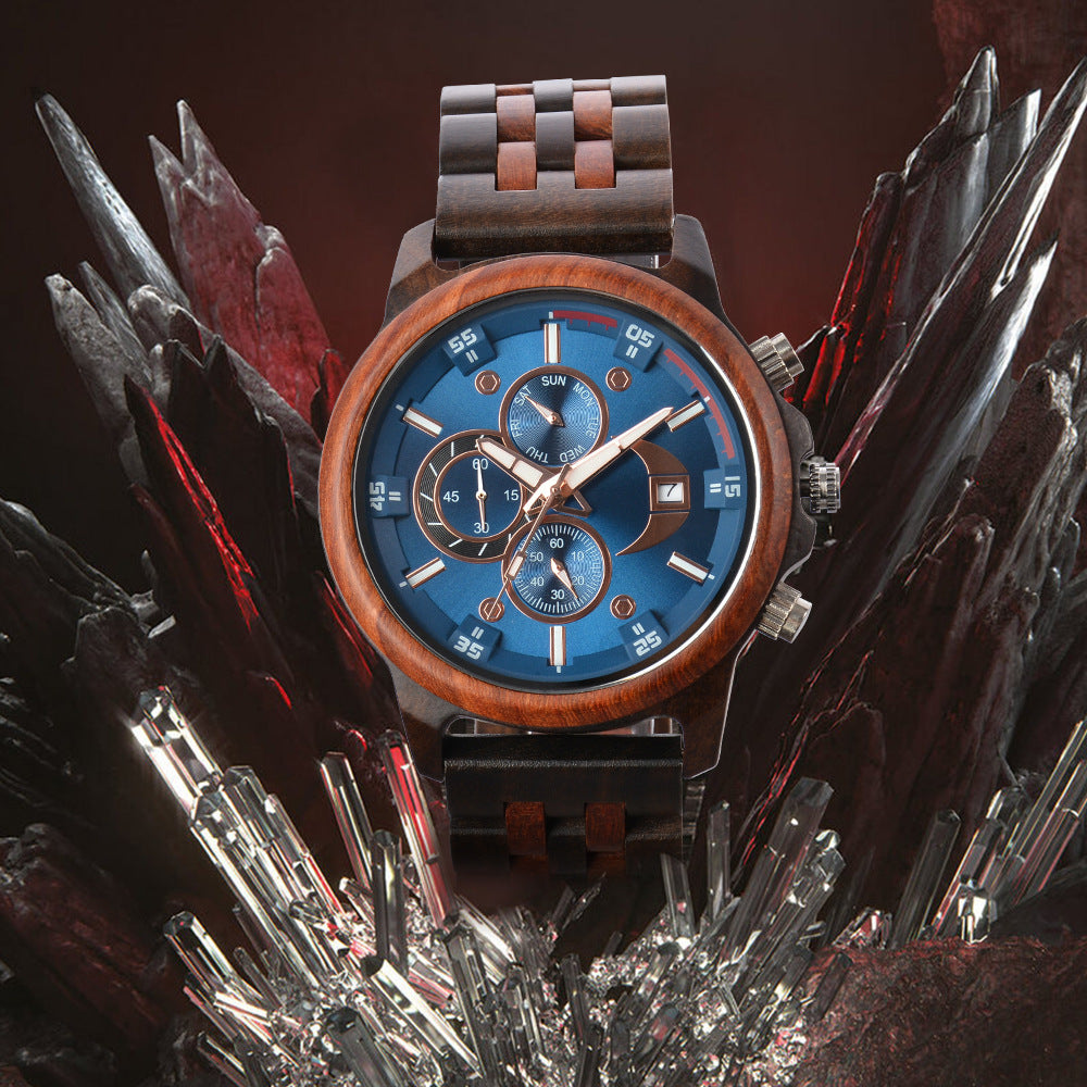 Men's Sandalwood Wooden Three-Eye Multi-Function Quartz Watch