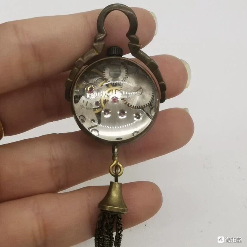 Mini Crystal Mechanical Pocket Watch Vintage Solid Copper Necklace Pendant