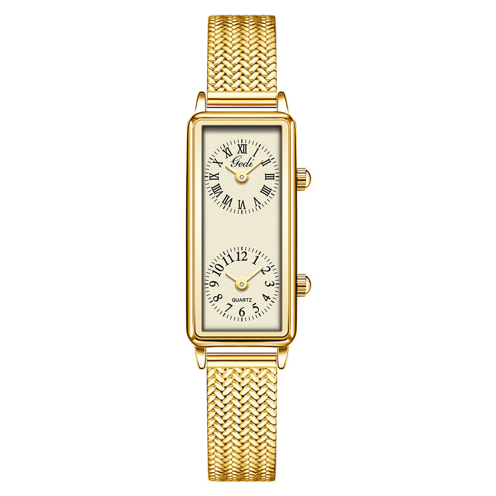 Women's Vintage Roman Numeral Small Square Dual-Time Mesh-Band Quartz Watch