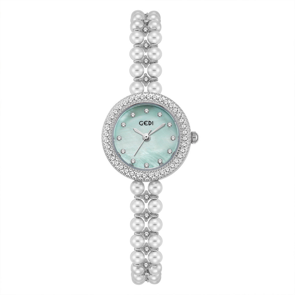 Women's Pearl-Bead Bracelet Round Rhinestone Quartz Watch