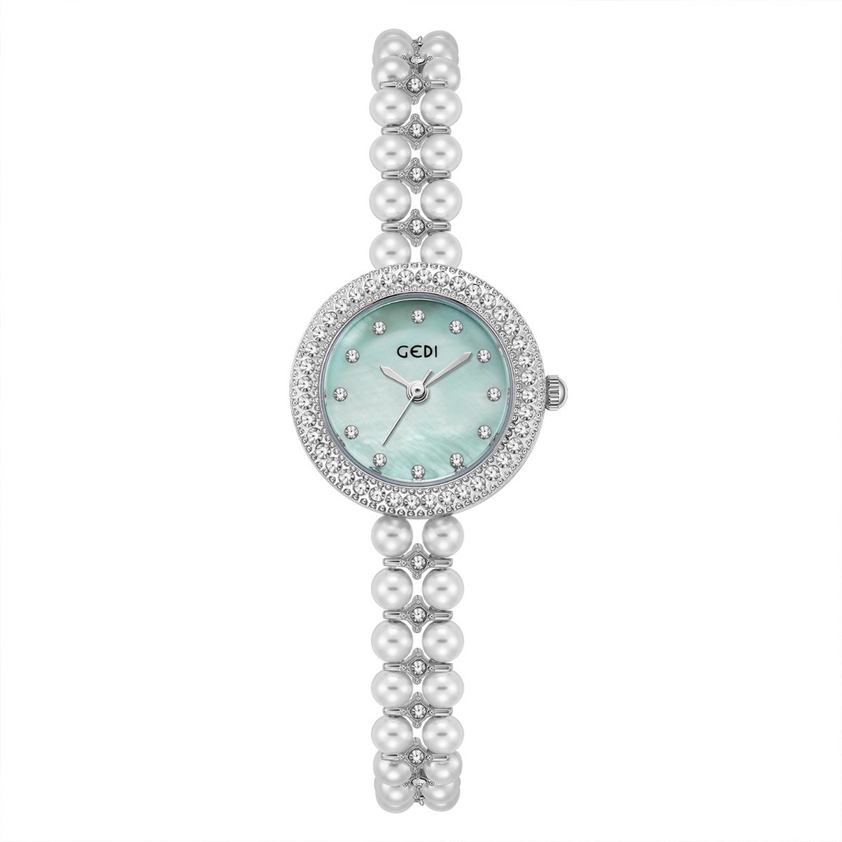Women's Pearl-Bead Bracelet Round Rhinestone Quartz Watch