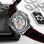 GESMART Men's Square Engraved Automatic Mechanical Watch Double Sided Skeleton Leather Band Water Resistant