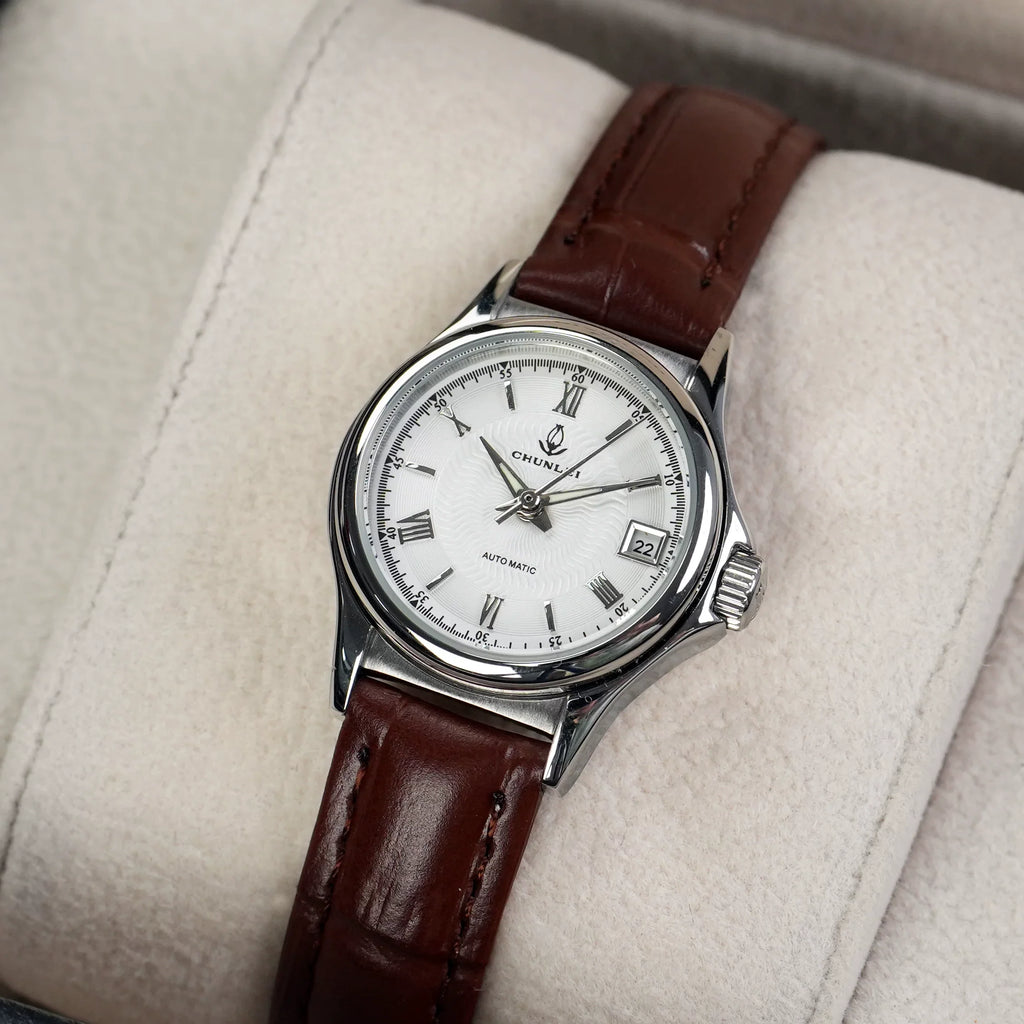 Chunlei Ladies Mechanical Watch Date Leather Strap Steel Minimalist Student