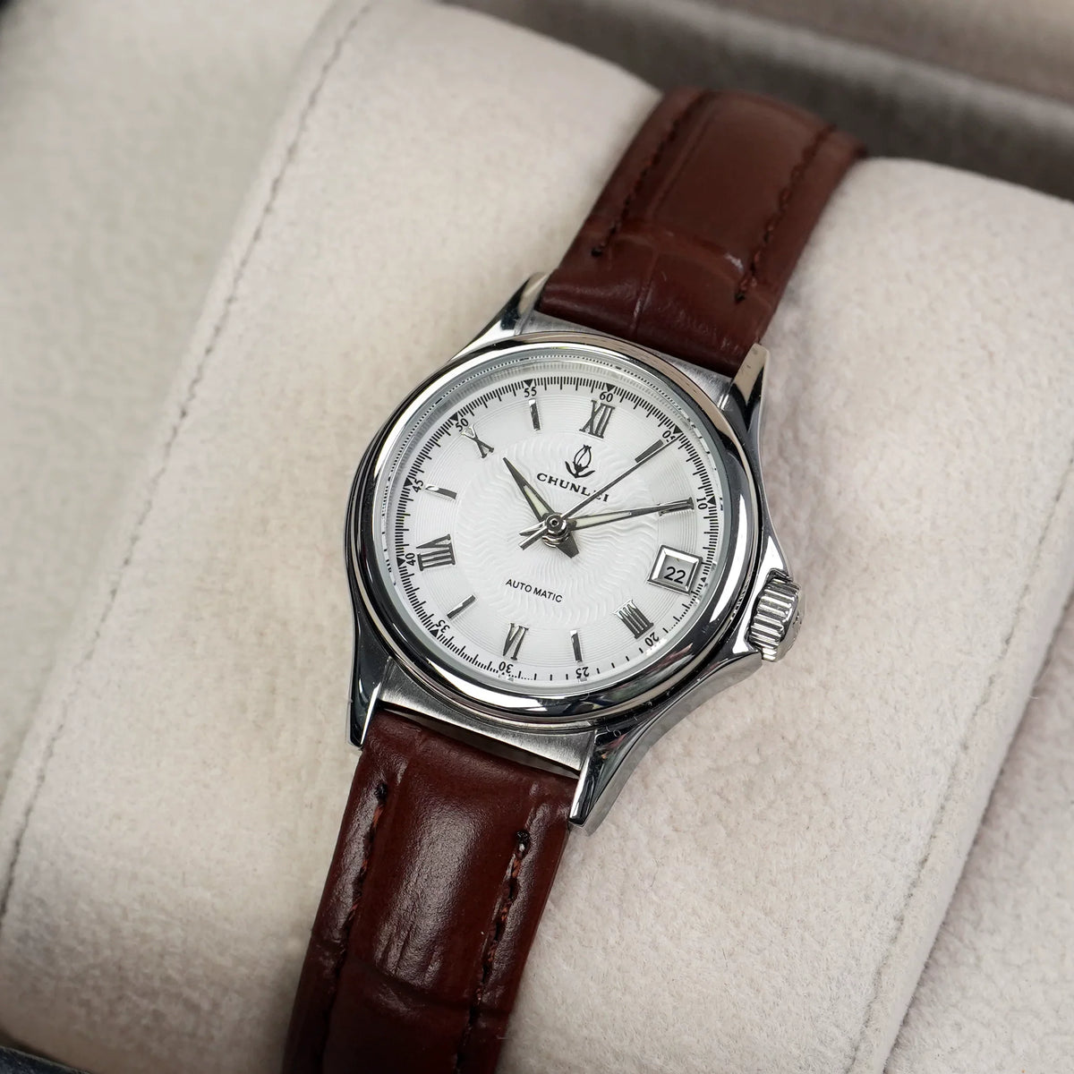 Chunlei Ladies Mechanical Watch Date Leather Strap Steel Minimalist Student