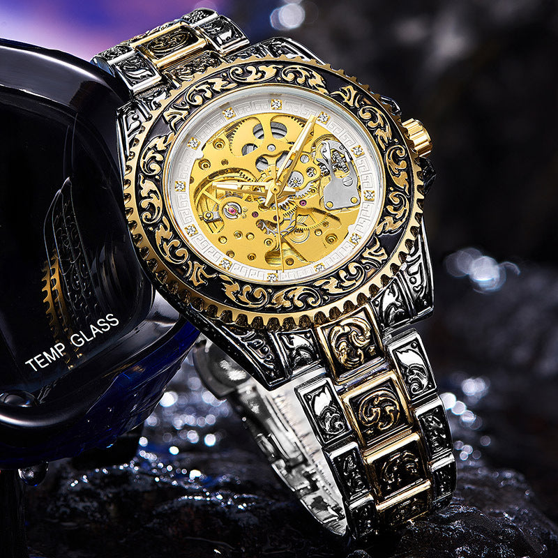 GESMART Men's New Skeleton Engraved Automatic Mechanical Watch European American Vintage Style