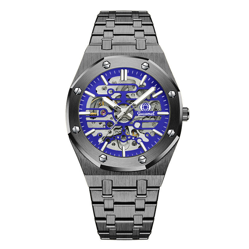 GESMART Men's Skeleton Automatic Mechanical Watch Steel Band Trendy Wristwatch