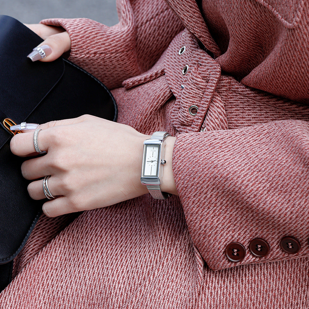 Women's Minimalist Bar-Marker Small Dial Quartz Watch with Steel Bracelet