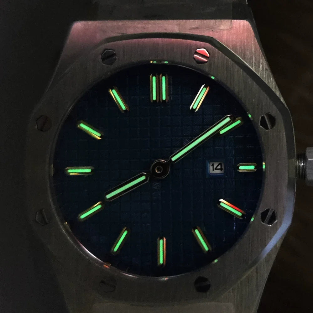 Ladies 31mm Octagonal Gem Bezel Steel Quartz Watch Green Lume Dial VJ24 Movement