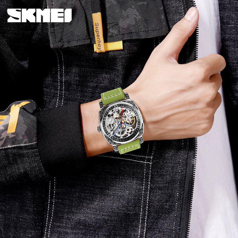 GESMART Men's Square Engraved Automatic Mechanical Watch Double Sided Skeleton Leather Band Water Resistant