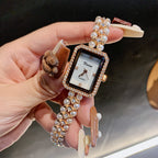 GESMART Women's Square Pearl Bracelet Watch Mother of Pearl Dial Retro Chic Style Diamond Studded